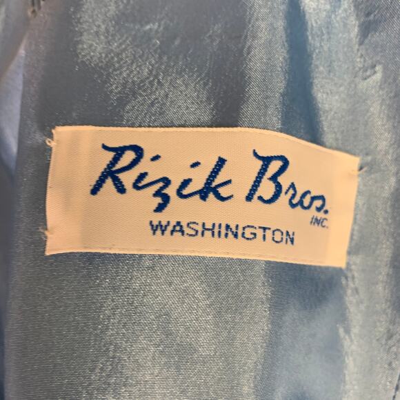 RIZIK BROS. Size 6 Cream Blue Tan Silk Floral Shawl Strapless Gown - Picture 7 of 10